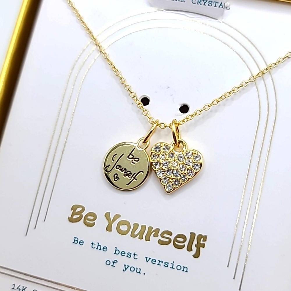 LA ROCKS Gold "Be Yourself" Crystal Heart & Charm Necklace